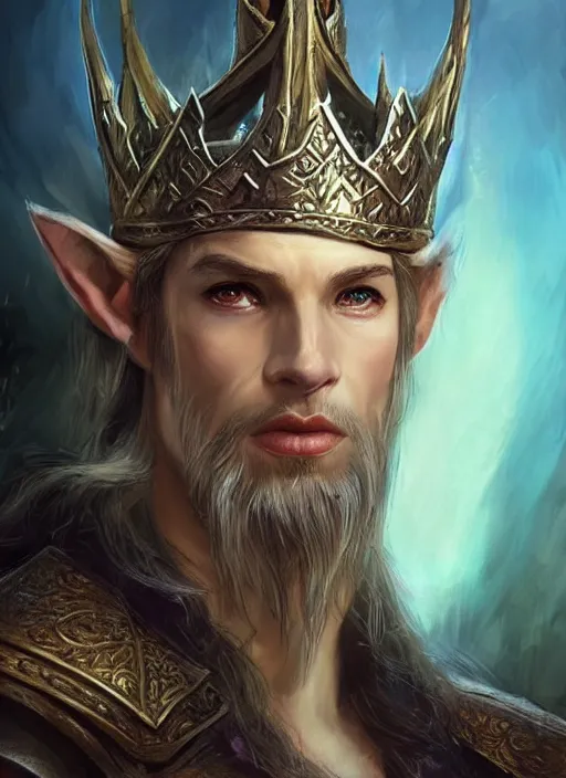 Prompt: elegant elven king wearing a crown, ultra detailed fantasy, dndbeyond, bright, colourful, realistic, dnd character portrait, full body, pathfinder, pinterest, art by ralph horsley, dnd, rpg, lotr game design fanart by concept art, behance hd, artstation, deviantart, hdr render in unreal engine 5