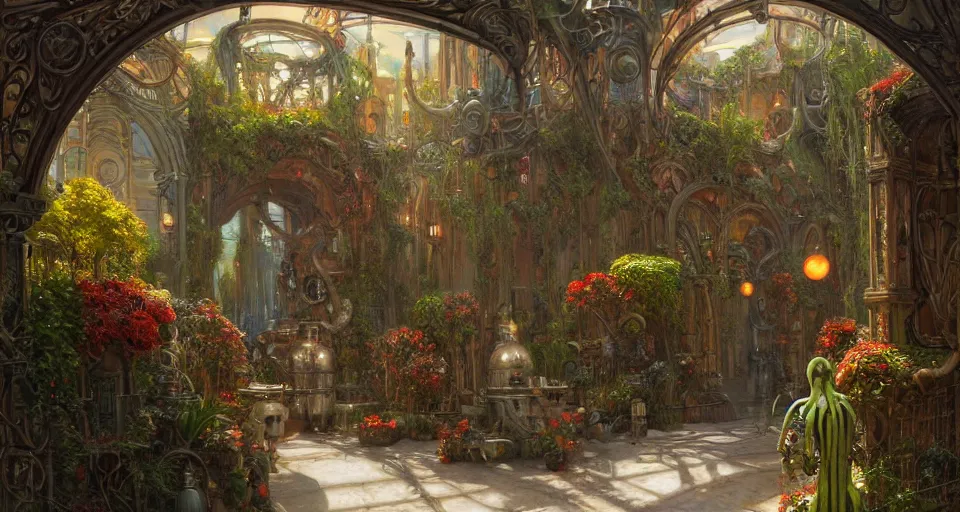 Prompt: an oil painting by donato giancola, warm coloured, cinematic scifi luxurious futuristic biomechanical victorian garden courtyard with bulbous alien floral fungi cactus growing out of pretty ceramic baroque fountains, beeple, halo, star wars, ilm, star citizen, halo, mass effect, artstation