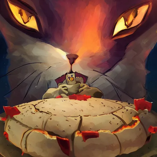 Image similar to feared cat running away from the giant carnivorous sandwich, artstation hq, dark phantasy, stylized, symmetry, modeled lighting, detailed, expressive, true unsimulated emotions, created by hayao miyazaki