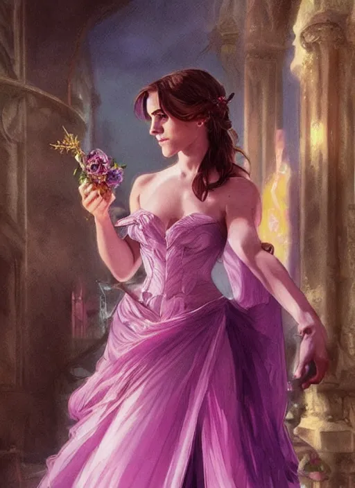 Image similar to full figure emma watson at the yule ball wearing revealing elegant pink and purple dress with flounces. beautiful detailed face. by artgerm and greg rutkowski and alphonse mucha