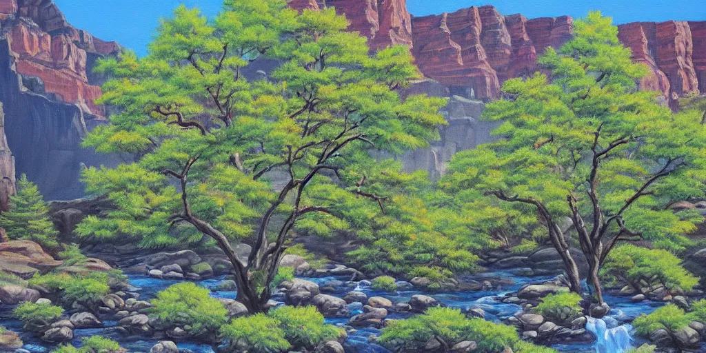 Image similar to single maple tree growing in grand canyon, stream, oil painting, highly detailed, masterpiece