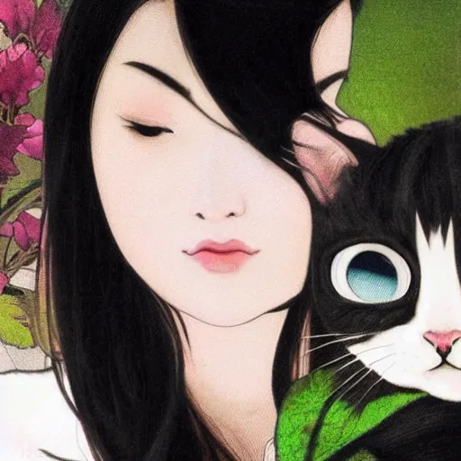 Image similar to cute emo taiwanese woman, with long dark hair, thick eyebrows!!! dark eyes and dark circles!, wide nose!!!, big eyes, oval face shape, big cheeks!, she is holding a cat in her arms, by juan villafuerte, greg rutkowski and alphonse mucha, pexels contest winner, high quality photo, hd rtx