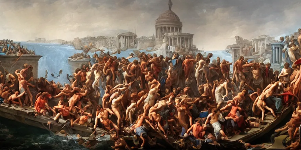 Image similar to a mix between the raft of the medusa and the school of athens, matte painting, oil canvas, photorealistic illustration, extreme detail, hyper realistic, highly detailed, digital art