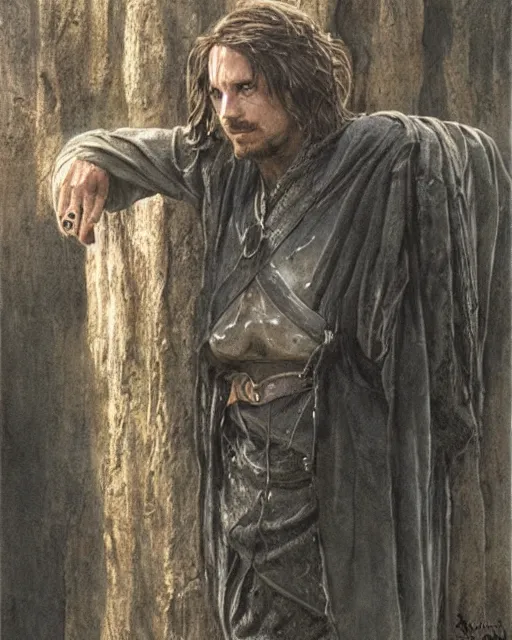 Prompt: Christian bale as Aragorn, by Alan Lee and John howe, at sunset, concept art, detailed clothing, featured on art station, matte painting