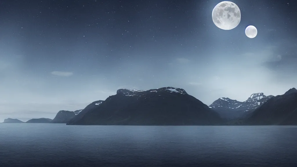 Image similar to a night view of the full moon above fjords, dark, very dark, blue, almost black, dark, dark, dark, dark, moon on the right, moon on the right, moon located on the right, the moon is on the right side, matte painting, concept art, 4 k