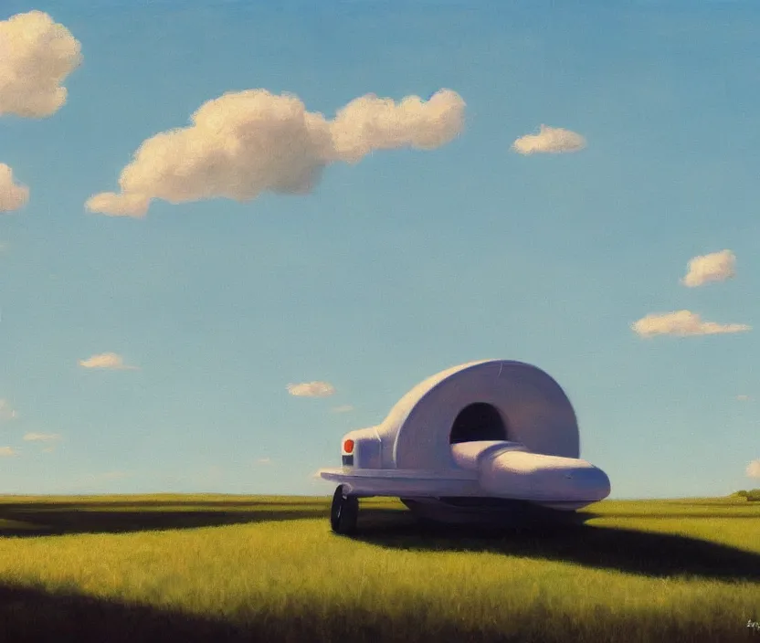 Image similar to a very detailed painting of a spaceship on a field, baby blue sky with very aesthetic clouds, in the style of edward hopper and huggo pondz, very fine brushstrokes, 4 k,