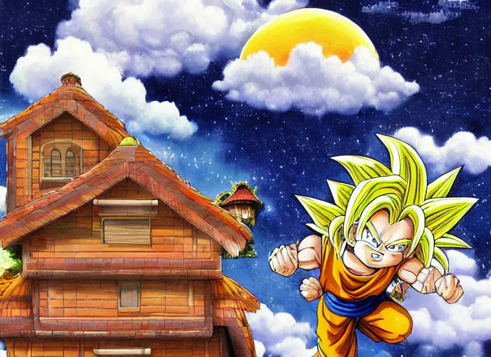 Prompt: Painting kame house cloud background art, official, detailed, character dragonball, award winning artwork, Akira Toriyama