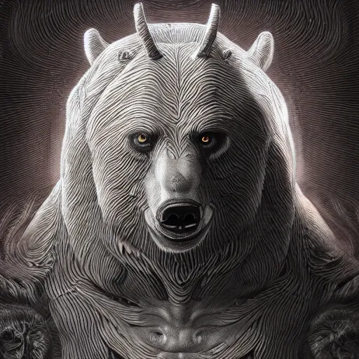 Image similar to photorealistic bear demon in the style of michael whelan and gustave dore. hyperdetailed photorealism, 1 0 8 megapixels, amazing depth, glowing rich colors, powerful imagery, psychedelic overtones, 3 d finalrender, 3 d shading, cinematic lighting, artstation concept art