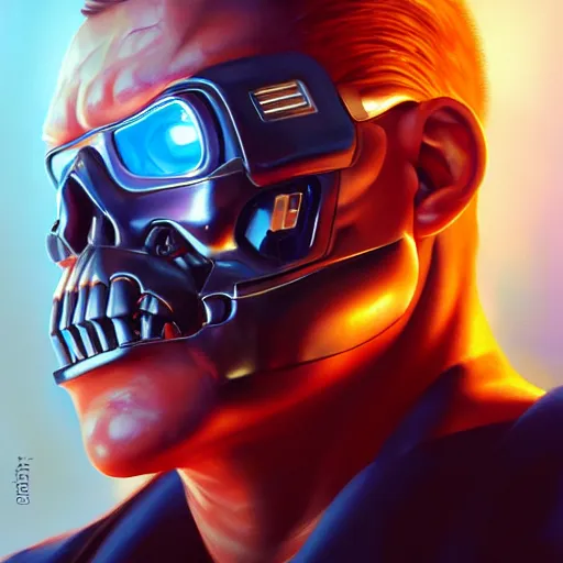 Image similar to an oil painting of the terminator as a bank attendant, by artgerm, hd, hdr, ue 5, ue 6, unreal engine 5, realistic anime 3 d style, cinematic 4 k wallpaper, 8 k, ultra detailed, gta cover art, high resolution, artstation, award winning