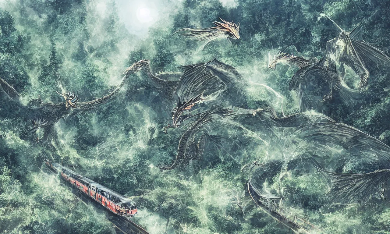 Image similar to dragons, forested hills and interconnected high speed rails, digital art, 3 d, illustration, transparent backround