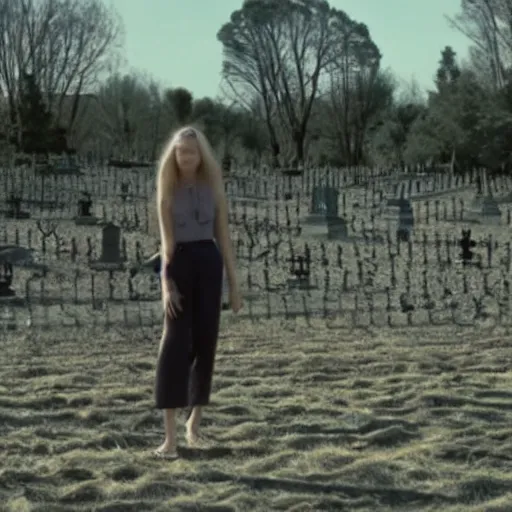 Prompt: a low - quality vhs video from 1 9 9 0 of elle fanning wandering a moonlit cemetery