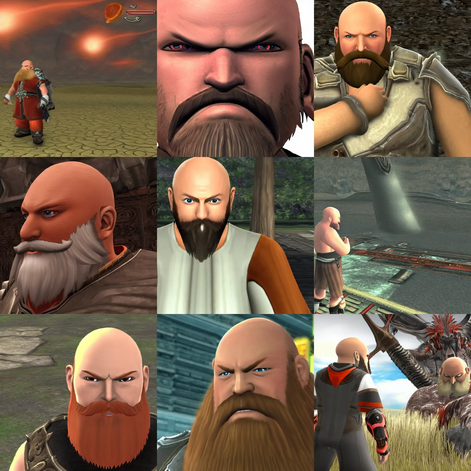 Prompt: wii screenshot of angriestpat in xenoblade chronicles, bald with orange beard