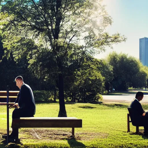 Prompt: A businessman is sitting on a bench eating lunch in a park. Behind him is a tall ladder looming over him, shadows, realistic, 4k