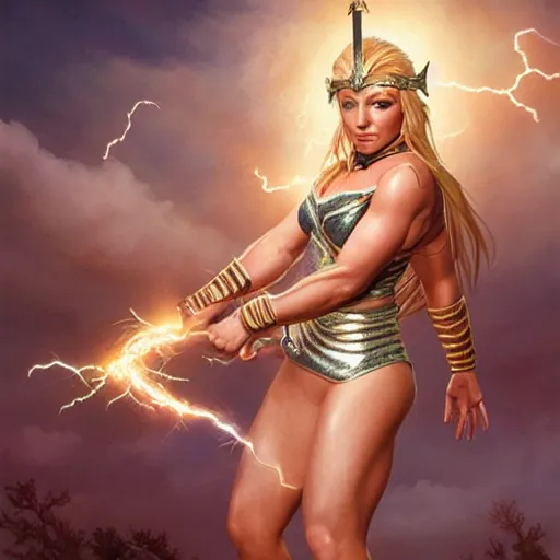 Image similar to britney spears as the greek god of lightning, highly detailed, by artgerm and greg rutkowski