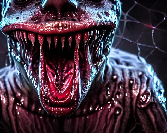 Prompt: realistic long textured tongue demon wet humanoid alien, smoke, mouth in mouth, large alien eyes, metallic reflective human teeth dripping greenish acid saliva from teeth, thin red veins, intricate grey fish scales, ornate, cinematic light shadows, reflections, crawling in a wet sewer pipe, dim flashlight lighting, insanely detailed, fisheye lens