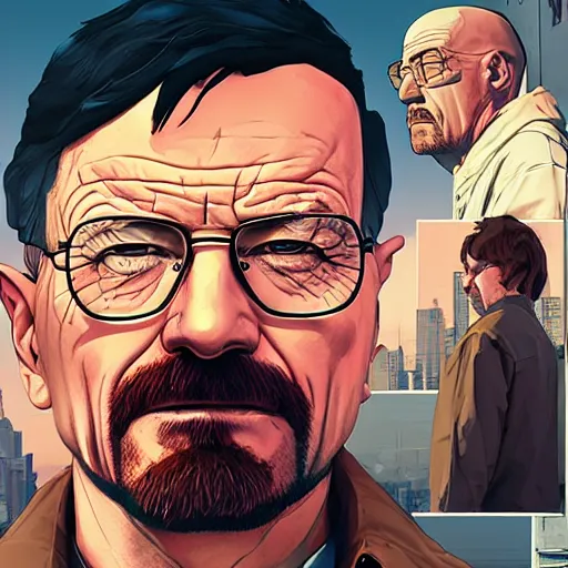 Prompt: walter white close - up, breaking bad, gta 5 cover art, borderlands style, cellshading, trending on artstation, by rhads, andreas rocha, rossdraws, makoto shinkai, laurie greasley, lois van baarle, ilya kuvshinov and greg rutkowski