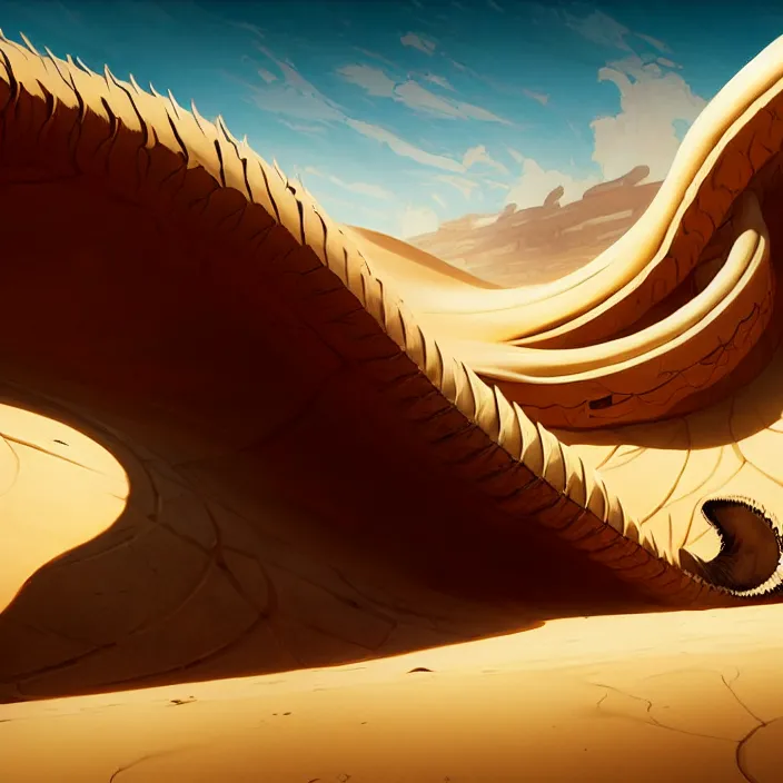 Prompt: style artgerm, joshua middleton, hubert robert, a giant sandworm creature in the desert, long sharp teeth, sand swirling, detailed, desert background setting, volumetric lighting