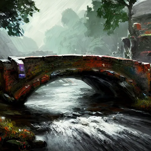 Prompt: acrylic painting, impressionism and expressionism, bold colors, expressive brushstrokes. a stone bridge over a river in riverwood, skyrim. raining. overcast. fantasy art by wadim kashin, cgsociety, nature art