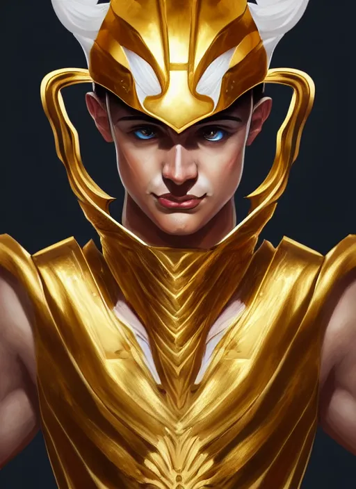 Image similar to the god hermes, gold armour, white skin, male, portrait, sharp focus, digital art, concept art, detailed, post processed, dynamic lighting, trending on artstation, by emylie boivin and rossdraws