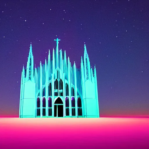 Prompt: a glowing vaporwave cathedral in a teal colored desert, night time