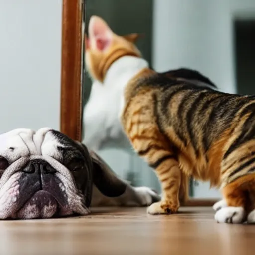 Prompt: a dog looking curiously in the mirror, seeing a cat.