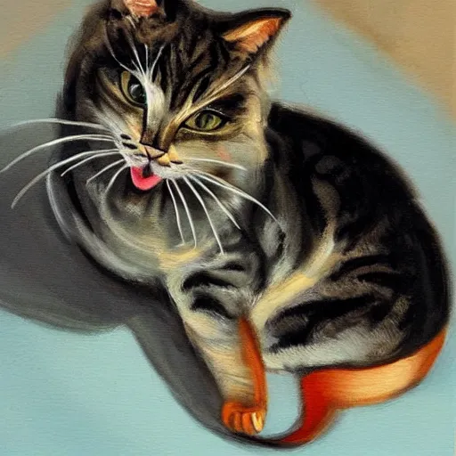 Prompt: a painting of a yawning cat