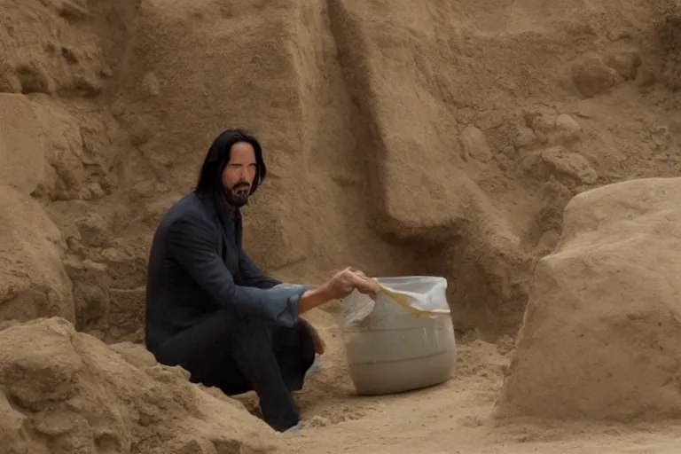 Image similar to film still of keanu reeves wearing an archaeological outfit sifting material at an ancient egyptian archaeological digsite