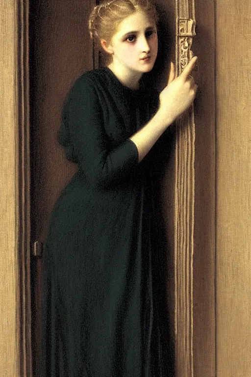 Image similar to girl under torchlight by vittorio reggianini, by auguste toulmouche, dark lighting, perfectly detailed eyes, beautiful hands, pale skin, blonde hair, leaning on door