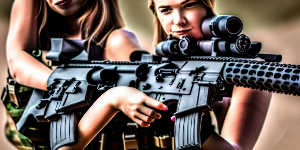 Image similar to hyperrealistic photo of a hot girl holding an ar - 1 5, 8 k