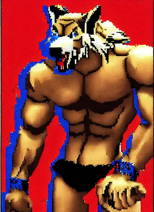 Image similar to extreme long shot. 8 bit nes graphics. antropomorphic muscular masculine wolf. kickboxer fighter, in shorts. wolf head. furr on body.