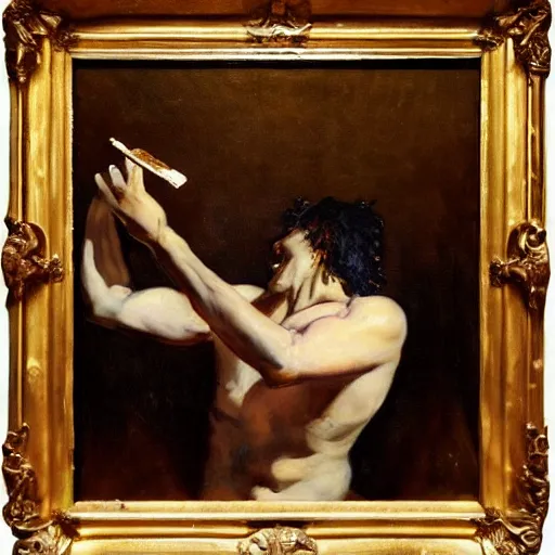 Image similar to saturn devouring a snickers chocolate bar, goya painting, in the style of goya and greg rutkowski, in the style of black paintings, 8 k, highly realistic