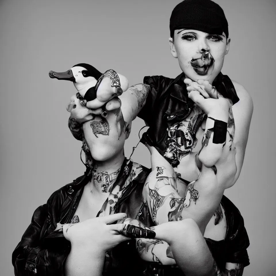 Prompt: a black and white studio portrait of a humanoid duck punk rocker, studio lighting, tri - x