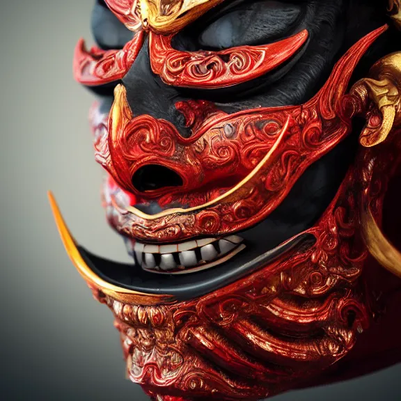 Image similar to a black hannya (般若) mask, kintsugi, dramatic angle, ornate, details, smooth, sharp focus, illustration, realistic, cinematic, artstation, award winning, rgb , unreal engine, octane render, cinematic light, macro, depth of field, blur, red light, 8K,