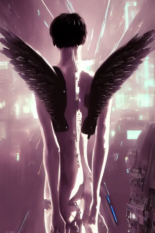 Image similar to white arc-angel with mystic robotic wings, blade runner, akira, ghost in the shell, 2077, ultra detailed, digital art, 8k ,character ,realistic, portrait, hyperrealistic