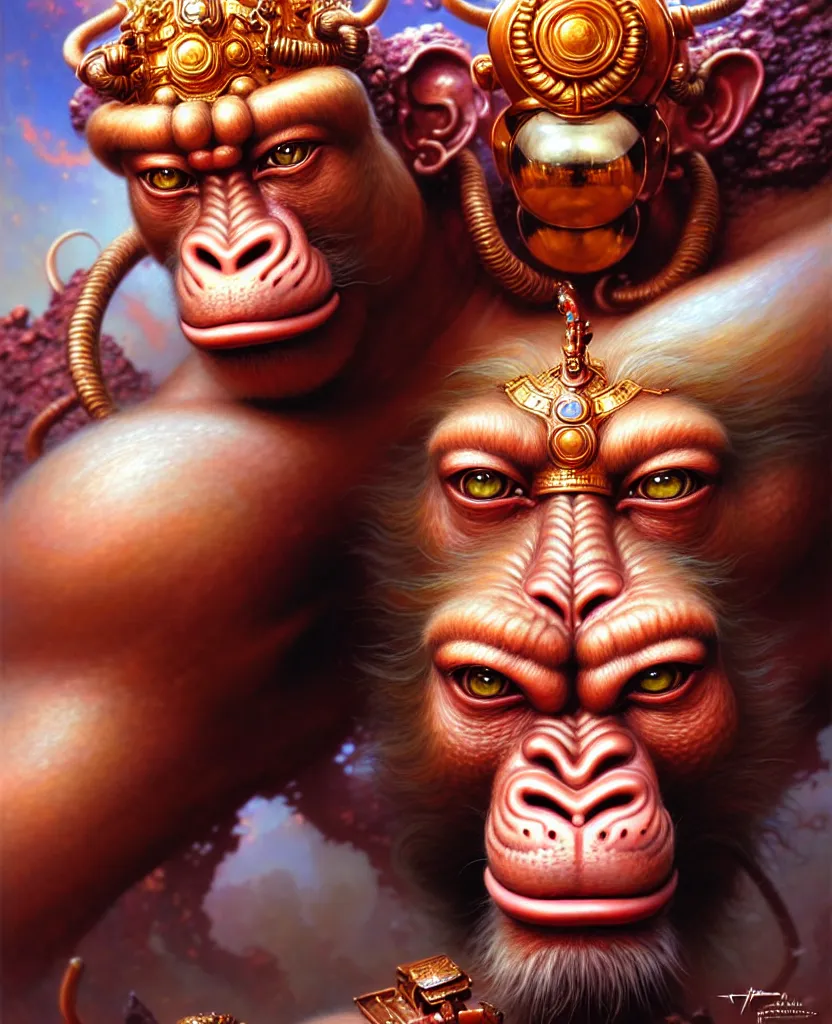 Prompt: beautiful hanuman fantasy character portrait, close - up, headshot, ultra realistic, wide angle, intricate details, the fifth element artifacts, highly detailed by peter mohrbacher, hajime sorayama, wayne barlowe, boris vallejo, aaron horkey, gaston bussiere, craig mullins