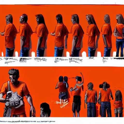 Prompt: man in orange t - shirt hugging from behind girl, vivid colors, character sheet, fine details, concept design, contrast, kim jung gi, greg rutkowski, trending on artstation, 8 k, full body, turnaround, front view, back view, ultra wide angle