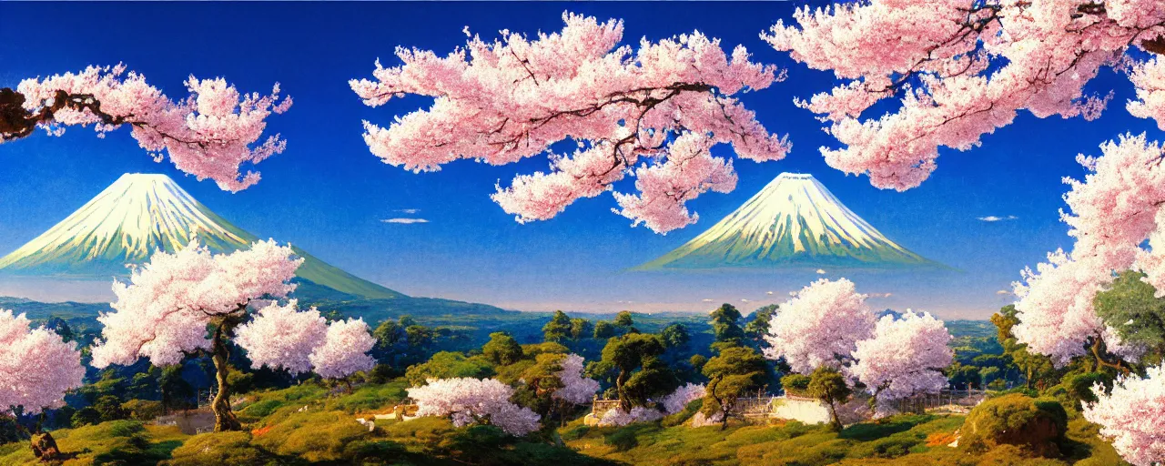 Image similar to ghibli illustrated background of a strikingly beautiful blue sky with puffy white clouds over a volcano with cherry blossom by eugene von guerard, ivan shishkin, john singer sargent, 4 k