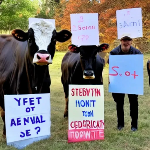 Image similar to 3 cows standing on 2 legs holding signs