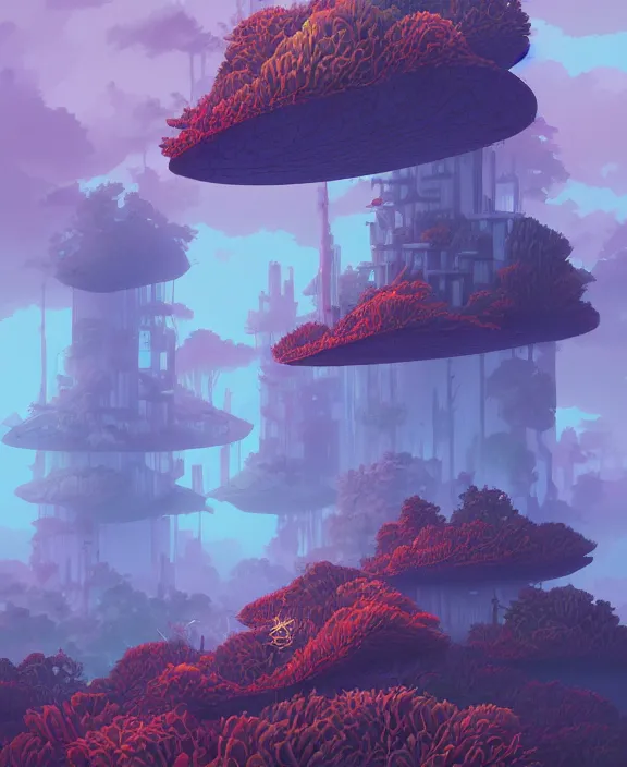 Image similar to minimalist building made from exotic fungus, by dan mumford, yusuke murata, makoto shinkai, ross tran, underwater, hellish, cinematic, unreal engine, cel shaded, featured on artstation, pixiv