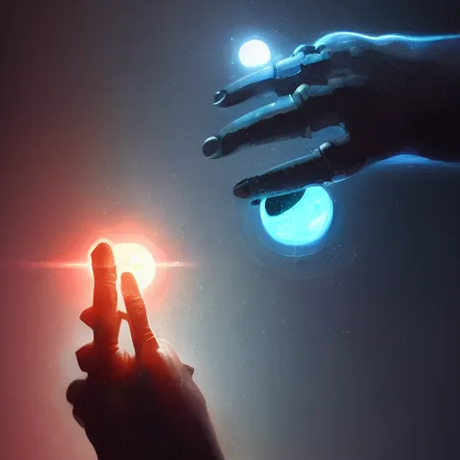 Prompt: A bionic hand holding a glowing orb, cybernetic scifi, deep depth of field, artstation, 8K, highly coherent, enigmatic, oil painting, matte, black background, By Jordan Grimmer