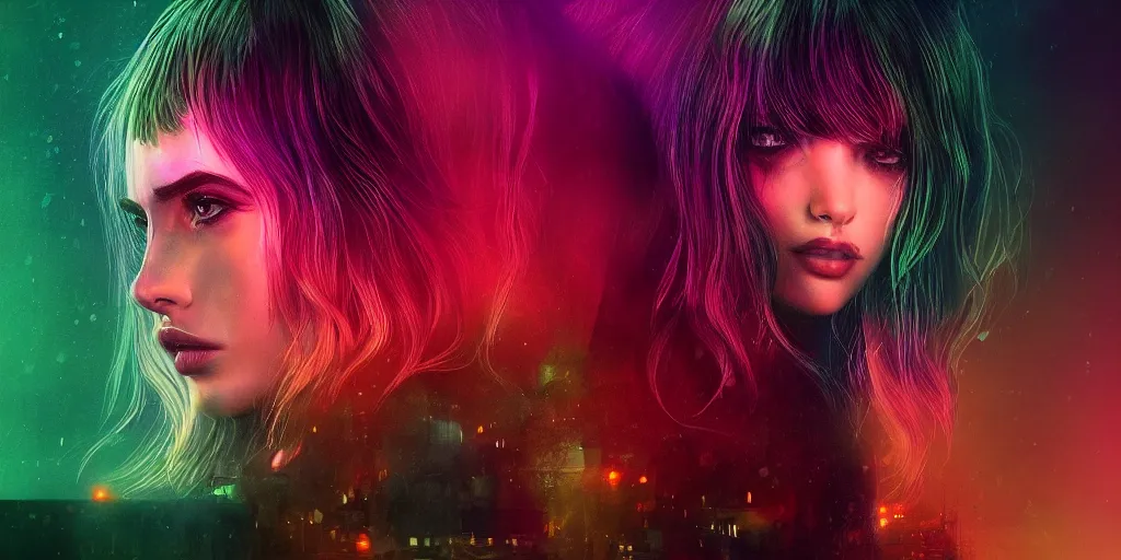 Image similar to beautiful Ana de Armas, blade runner 2049, long flowing hair, trending on artstation, unreal engine, purple neon, green rain, matte painting