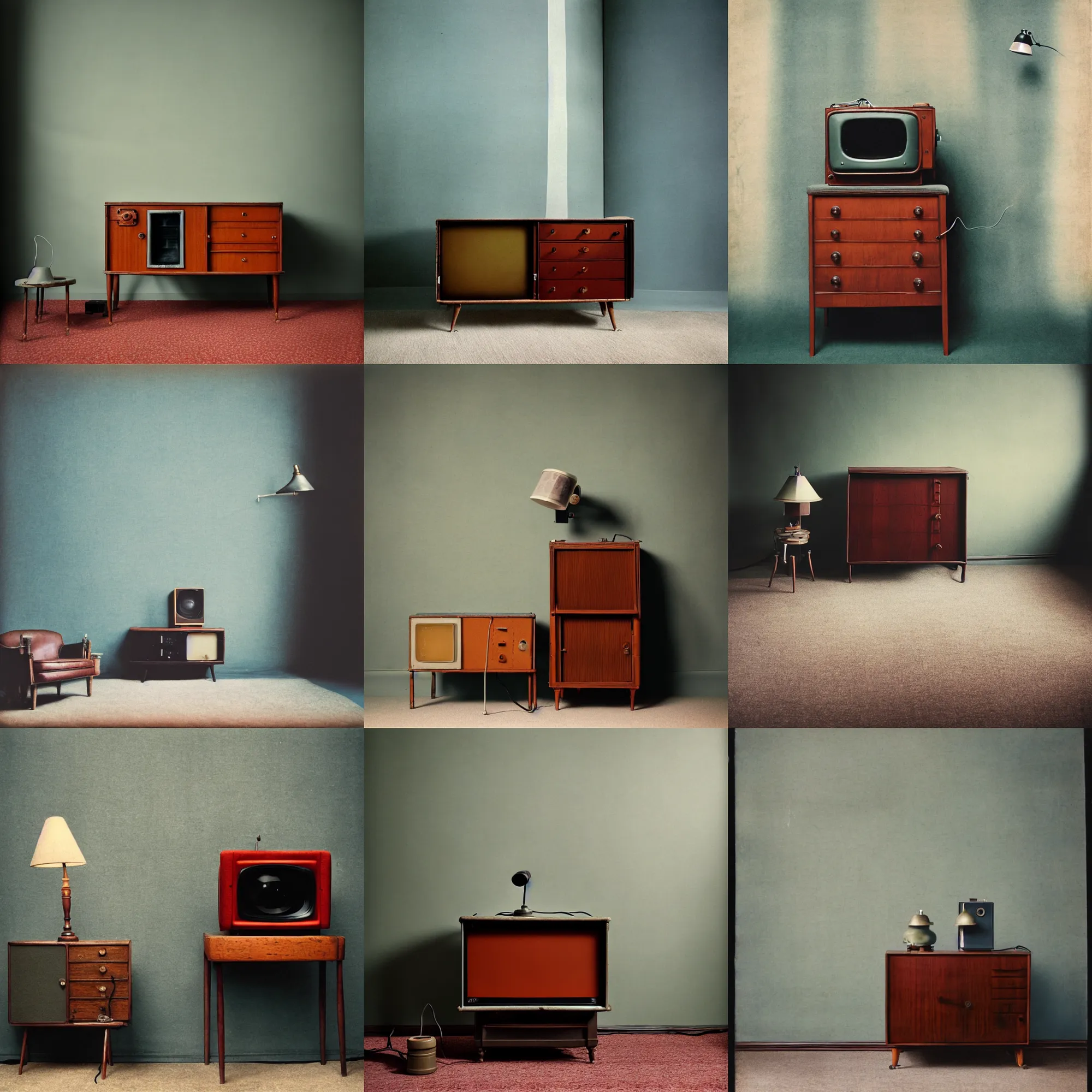 Prompt: kodak portra 4 0 0, wetplate, by britt marling, 1 9 2 0 s room, 1 9 2 0 s furniture, carpet, lamp, a giant vintage television, muted colours, blueberry, portrait photo of a backdrop, concrete, wood, fog,