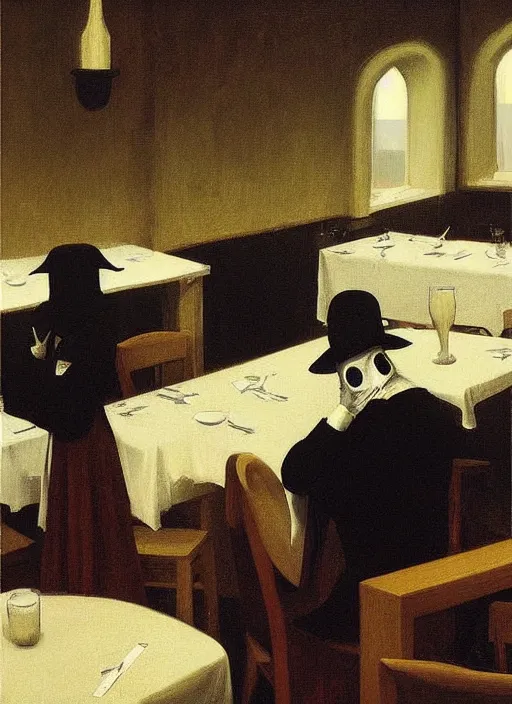 Image similar to plague doctor sitting at a crowded restaurant Edward Hopper and James Gilleard, Zdzislaw Beksinski highly detailed