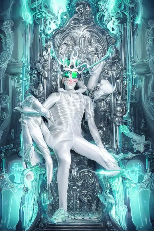 Image similar to full-body rococo and cyberpunk style neon statue of a young attractive Daniel macho dotado e rico android sim roupa reclining con las piernas abertas e la piroca dura, glowing white lasers, glowing eyes, silver prince crown, silver steampunk gears, white diamonds, swirling mint-colored silk fabric. futuristic elements. ethereal white dripping tar. full-length view. space robots. human skulls. large white balloon animals. intricate artwork by caravaggio. Trending on artstation, octane render, cinematic lighting from the right, hyper realism, octane render, 8k, depth of field, 3D