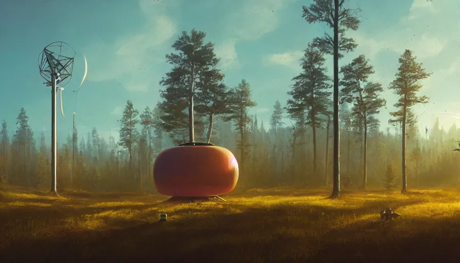 Image similar to communication dish in the foreground, sun in the sky, early morning, forest in the background, simon stalenhag