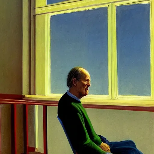 Image similar to werner herzog sits in the waiting room at the dmv, holding boltcutters. style of edward hopper, award winning, photo realistic, dynamic lighting, very detailed face, 4 k, chris ware