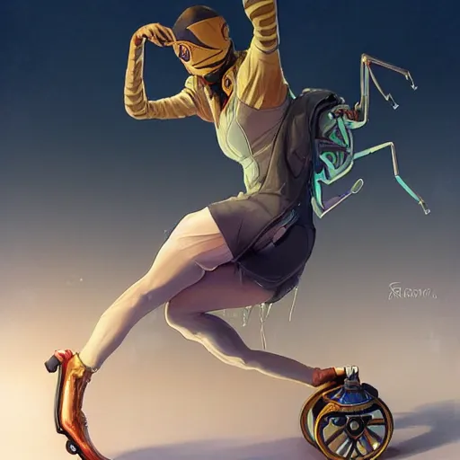 Prompt: a spider is rollerskating, rollerskates, highly detailed, digital painting, artstation, concept art, smooth, sharp focus, illustration, art by artgerm and greg rutkowski and alphonse mucha