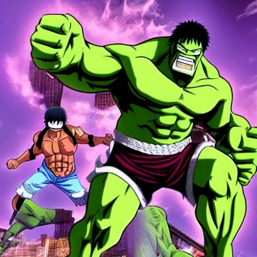 Prompt: the hulk in the style of one piece anime