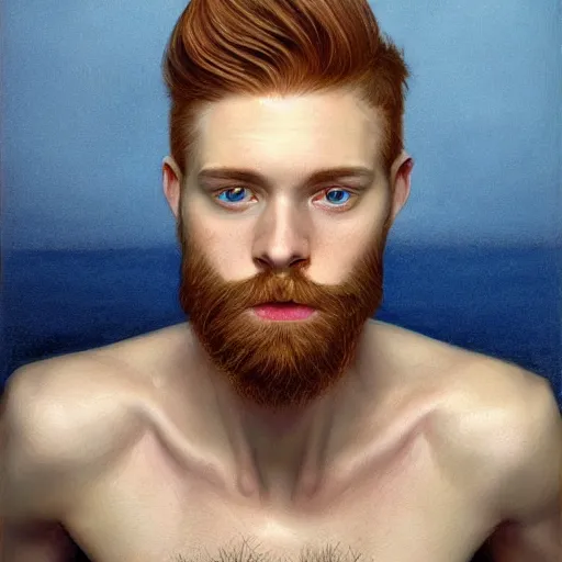 Prompt: 2 4 - year - old man, masculine face, hyper masculine features, tall, extremely pale skin, square jaw, ginger hair, beard, square face, big round sapphire blue eyes, hyper realistic face, beautiful eyes, highly detailed, digital painting, smooth, sharp, strong face, expressive eyes, medium long wavy ginger hair, art by greg rutkowski and alex gray