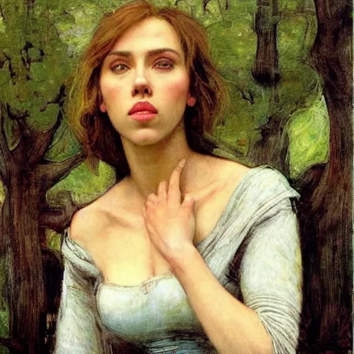 Image similar to “Scarlett Johansson portrait, John William Waterhouse”